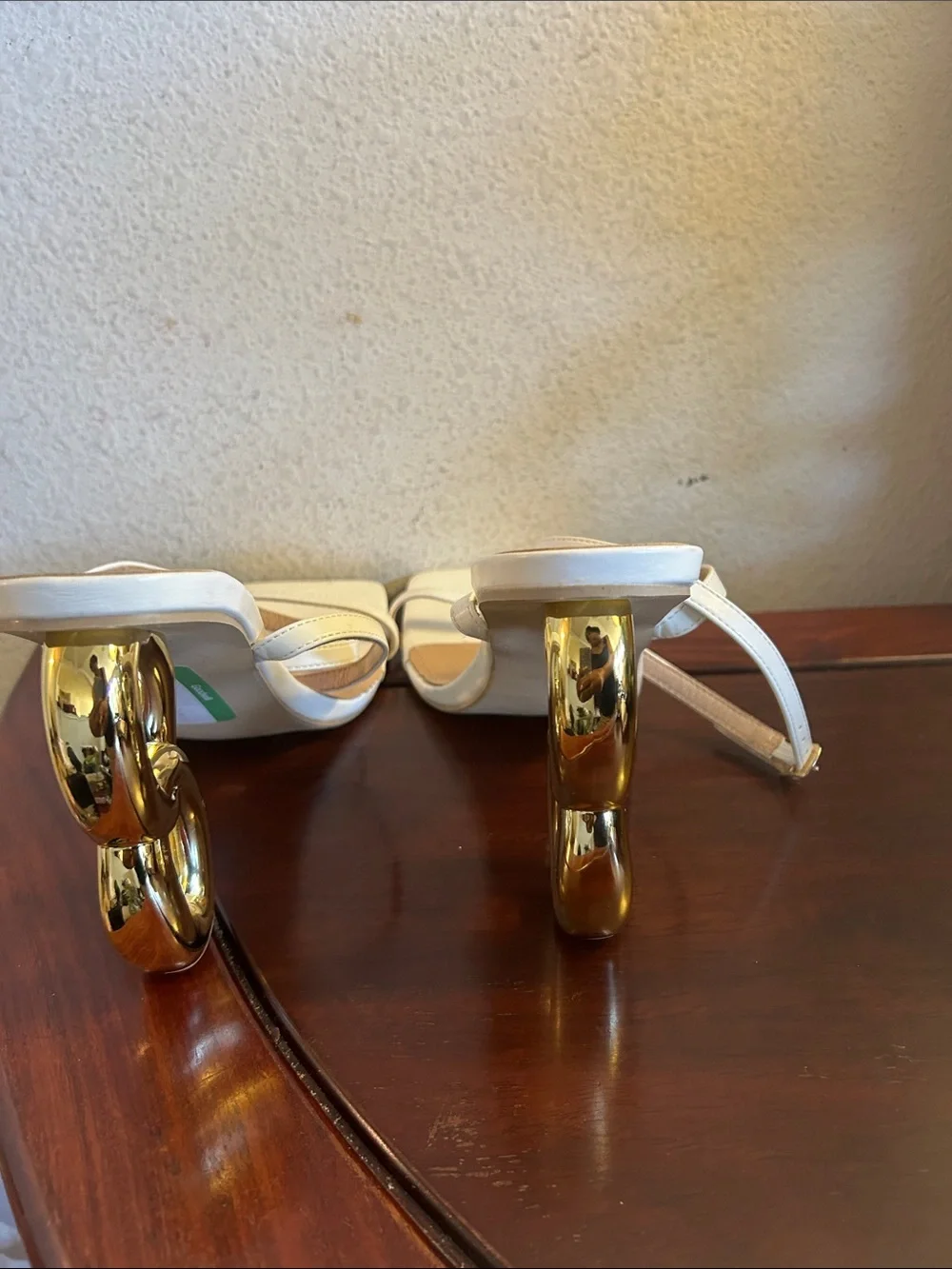 White Strappy Heeled Sandals with Sculptural Gold Ring Heel